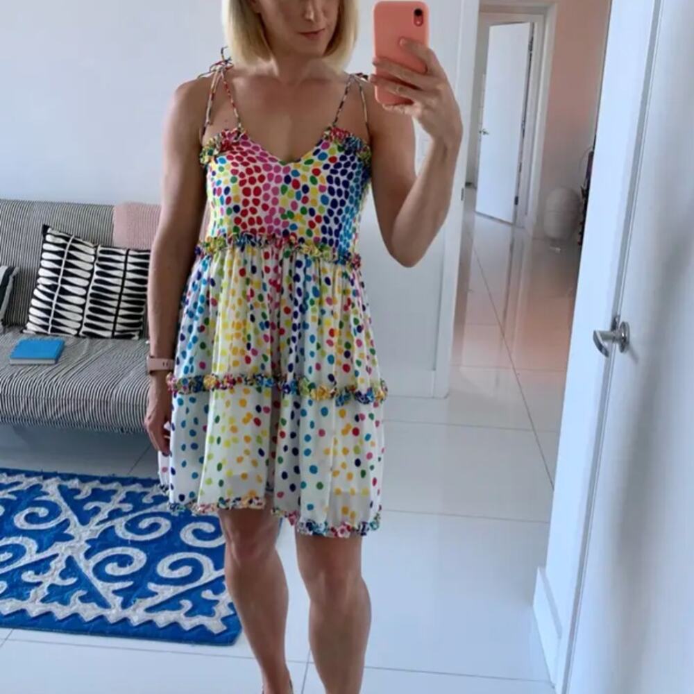 All Things Mochi Rainbow Mini Dress Polkadot Silk Chiffon Ruffle Designer $365 - Picture 9 of 14